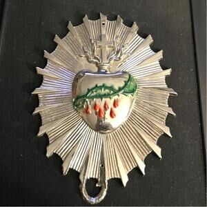 2 Vintage Sacred Heart Casket Plate Cremation Ornaments Brass Nickel Plate